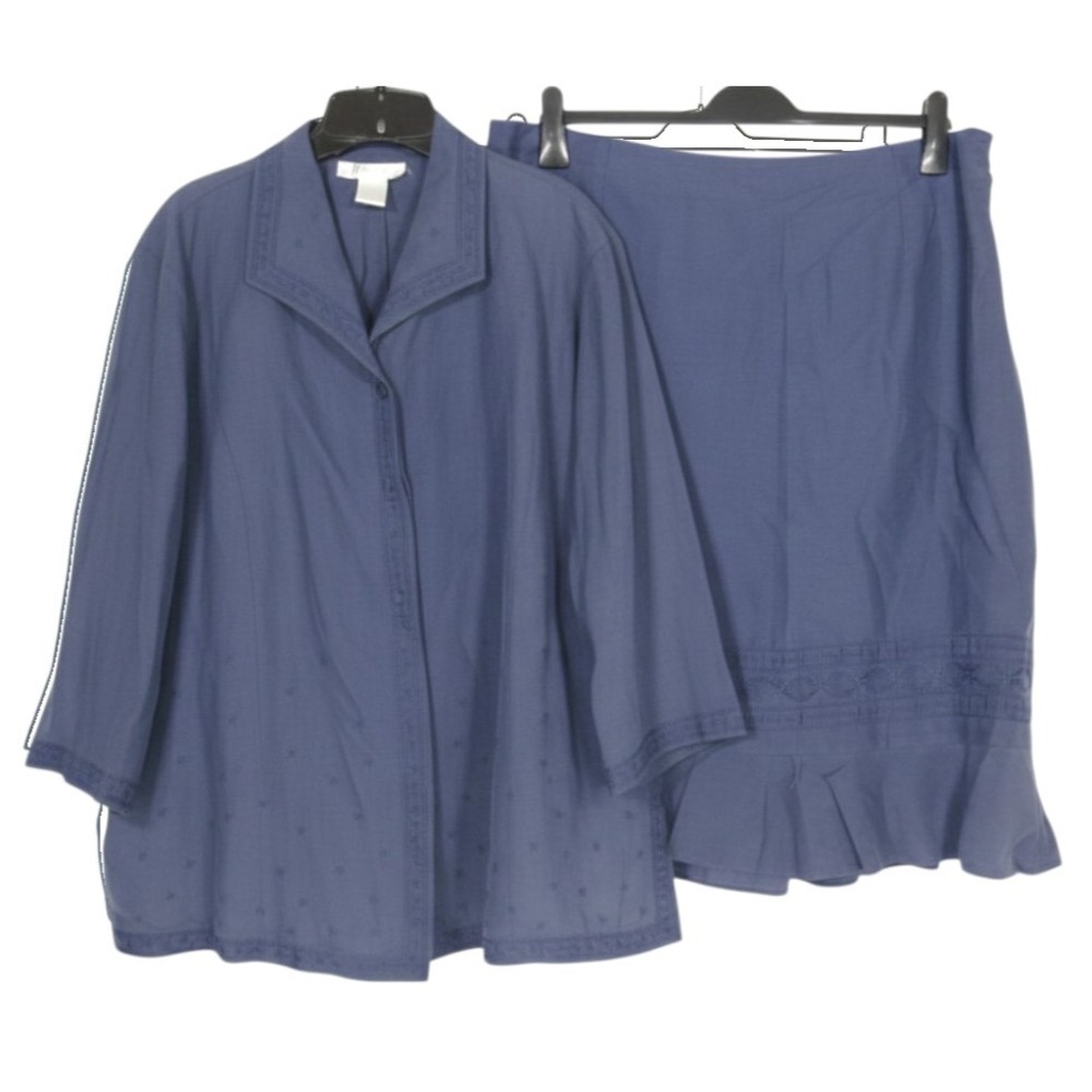 DRESS BARN WOMAN Navy SILK/LINEN Button-Up SKIRT SUIT SET Sz Top-18W/Skirt-20W